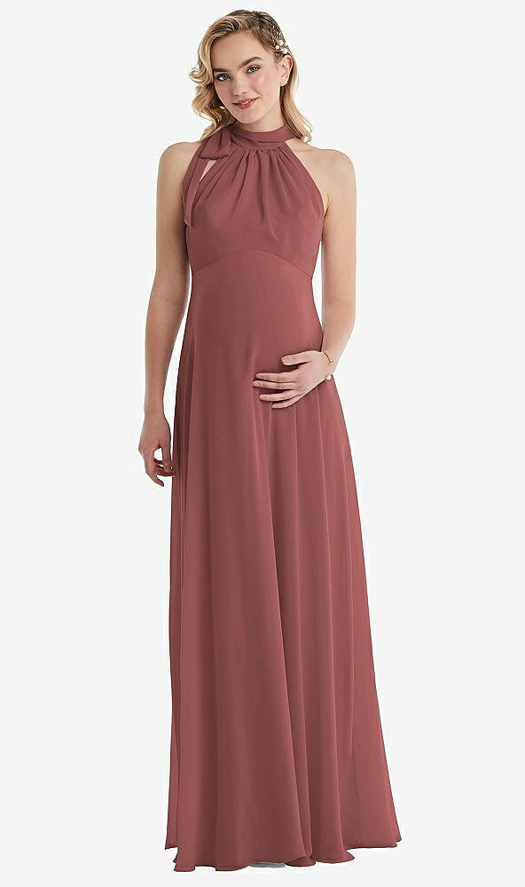 Front View - English Rose Scarf Tie High Neck Halter Chiffon Maternity Dress
