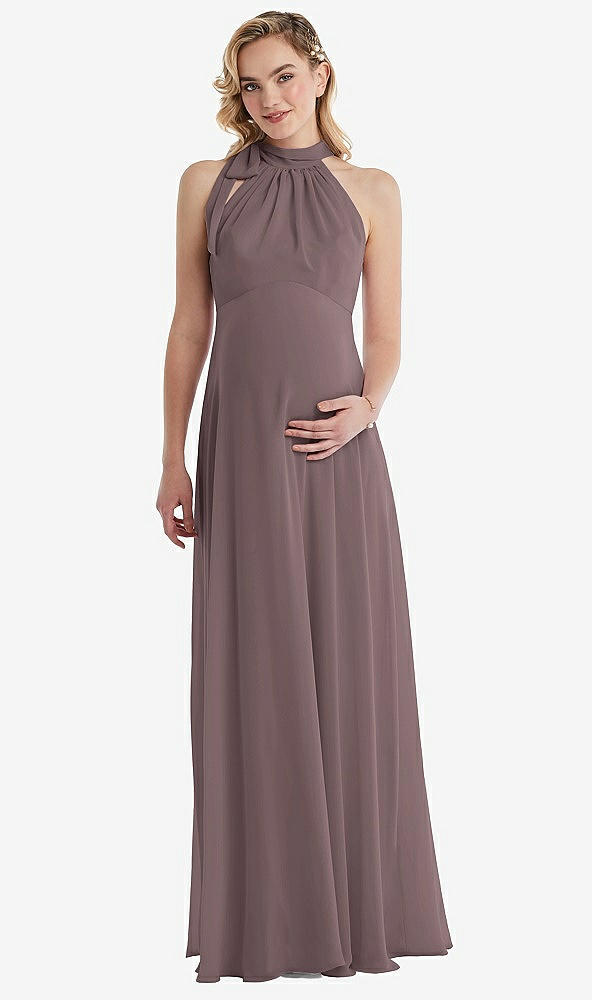 Front View - French Truffle Scarf Tie High Neck Halter Chiffon Maternity Dress