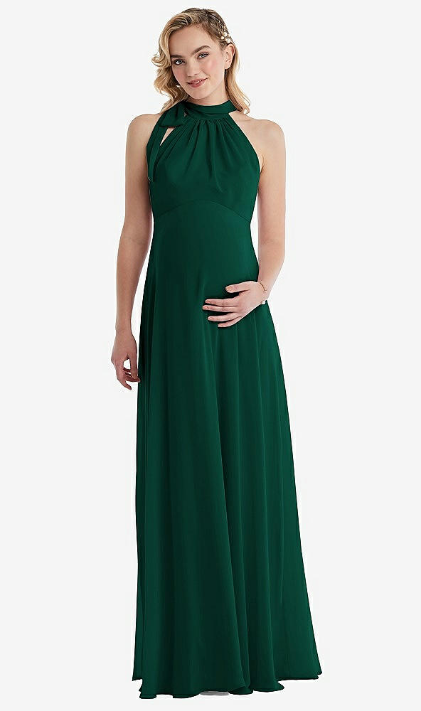 Front View - Hunter Green Scarf Tie High Neck Halter Chiffon Maternity Dress