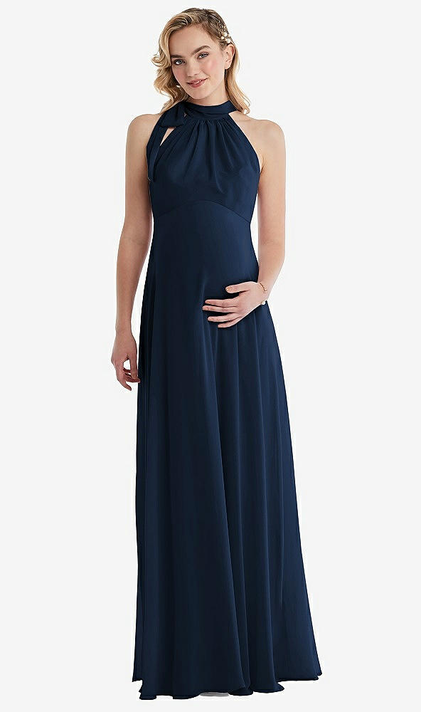Front View - Midnight Navy Scarf Tie High Neck Halter Chiffon Maternity Dress
