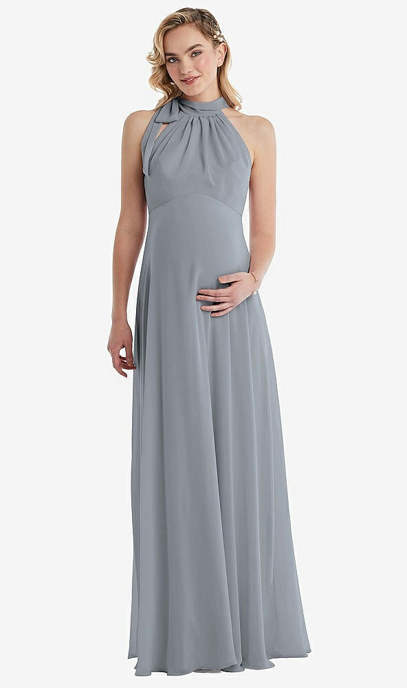 Front View - Platinum Scarf Tie High Neck Halter Chiffon Maternity Dress