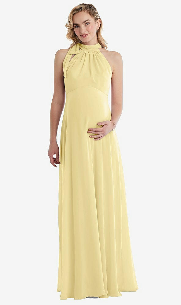 Front View - Pale Yellow Scarf Tie High Neck Halter Chiffon Maternity Dress