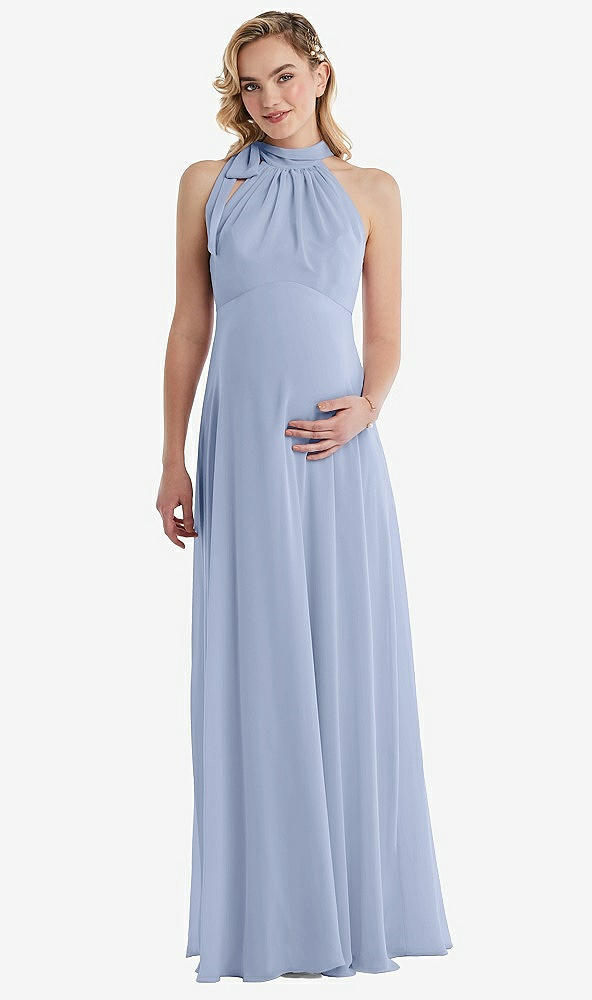 Front View - Sky Blue Scarf Tie High Neck Halter Chiffon Maternity Dress