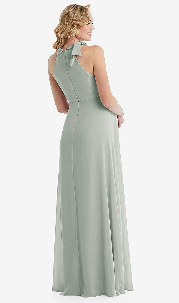 Back View - Willow Green Scarf Tie High Neck Halter Chiffon Maternity Dress