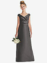 Front View Thumbnail - Caviar Gray Off-the-Shoulder Draped Wrap Satin Junior Bridesmaid Dress