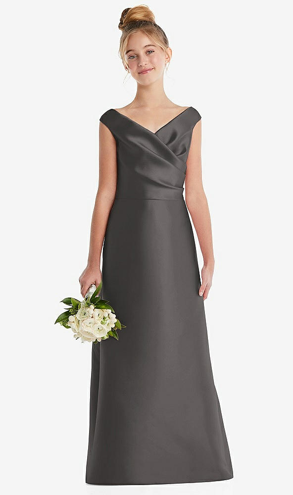 Front View - Caviar Gray Off-the-Shoulder Draped Wrap Satin Junior Bridesmaid Dress