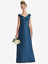 Front View Thumbnail - Dusk Blue Off-the-Shoulder Draped Wrap Satin Junior Bridesmaid Dress