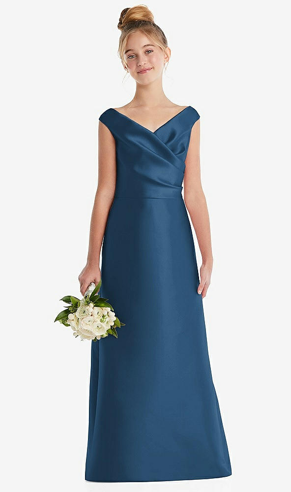 Front View - Dusk Blue Off-the-Shoulder Draped Wrap Satin Junior Bridesmaid Dress