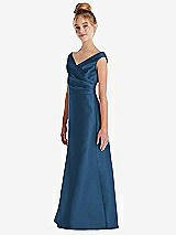Side View Thumbnail - Dusk Blue Off-the-Shoulder Draped Wrap Satin Junior Bridesmaid Dress