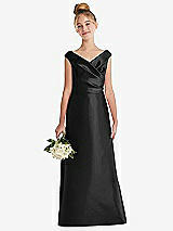 Front View Thumbnail - Black Off-the-Shoulder Draped Wrap Satin Junior Bridesmaid Dress
