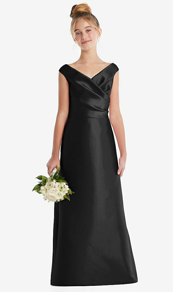 Front View - Black Off-the-Shoulder Draped Wrap Satin Junior Bridesmaid Dress