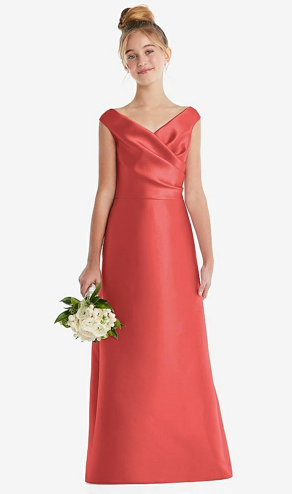 Front View - Perfect Coral Off-the-Shoulder Draped Wrap Satin Junior Bridesmaid Dress