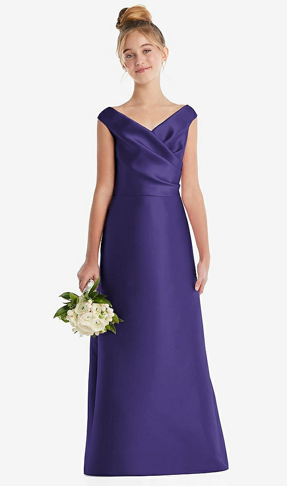 Front View - Grape Off-the-Shoulder Draped Wrap Satin Junior Bridesmaid Dress