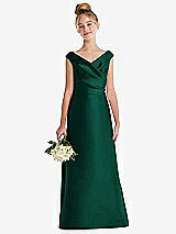 Front View Thumbnail - Hunter Green Off-the-Shoulder Draped Wrap Satin Junior Bridesmaid Dress