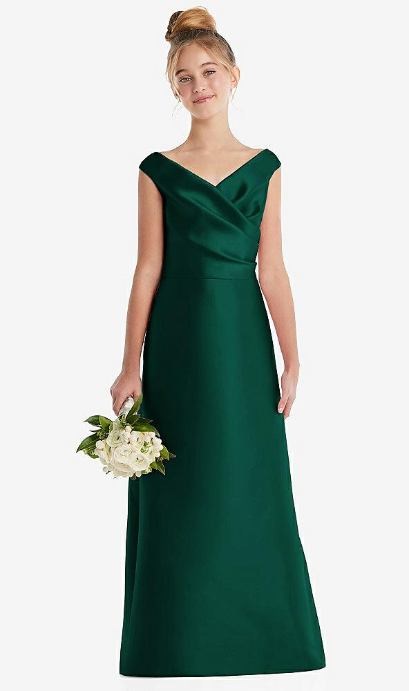 Front View - Hunter Green Off-the-Shoulder Draped Wrap Satin Junior Bridesmaid Dress