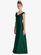 Side View Thumbnail - Hunter Green Off-the-Shoulder Draped Wrap Satin Junior Bridesmaid Dress