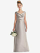 Front View Thumbnail - Taupe Off-the-Shoulder Draped Wrap Satin Junior Bridesmaid Dress