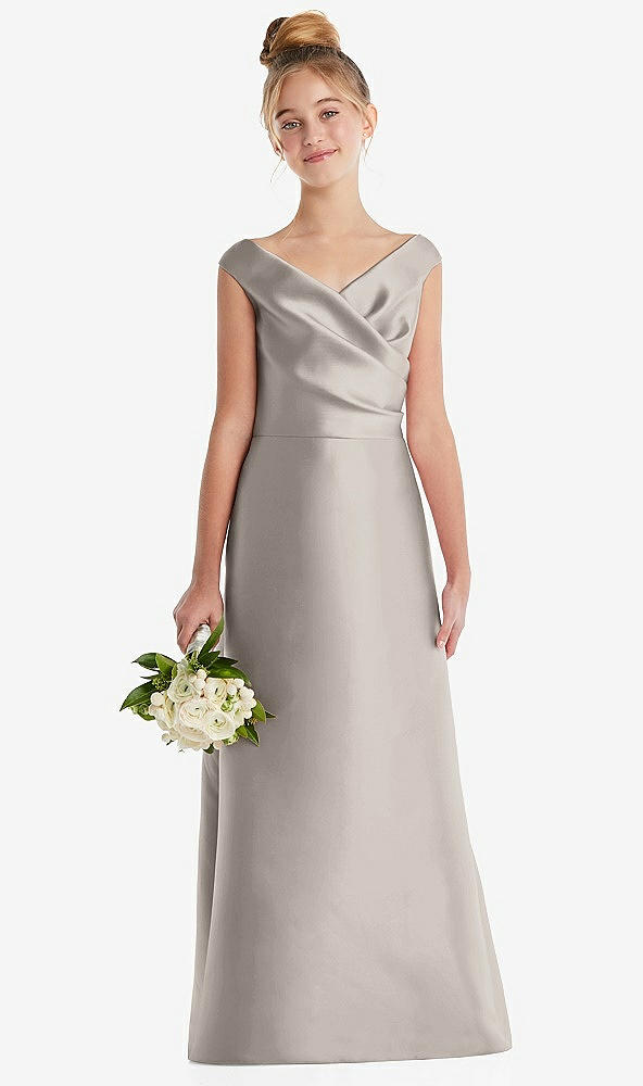 Front View - Taupe Off-the-Shoulder Draped Wrap Satin Junior Bridesmaid Dress