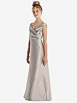 Side View Thumbnail - Taupe Off-the-Shoulder Draped Wrap Satin Junior Bridesmaid Dress