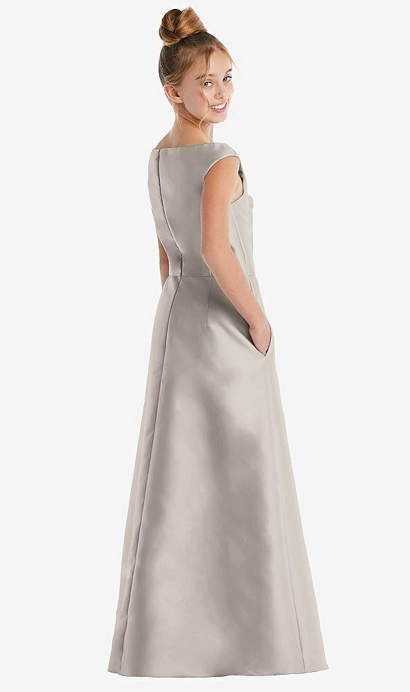 Back View - Taupe Off-the-Shoulder Draped Wrap Satin Junior Bridesmaid Dress