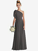 Front View Thumbnail - Caviar Gray One-Shoulder Scarf Bow Chiffon Junior Bridesmaid Dress