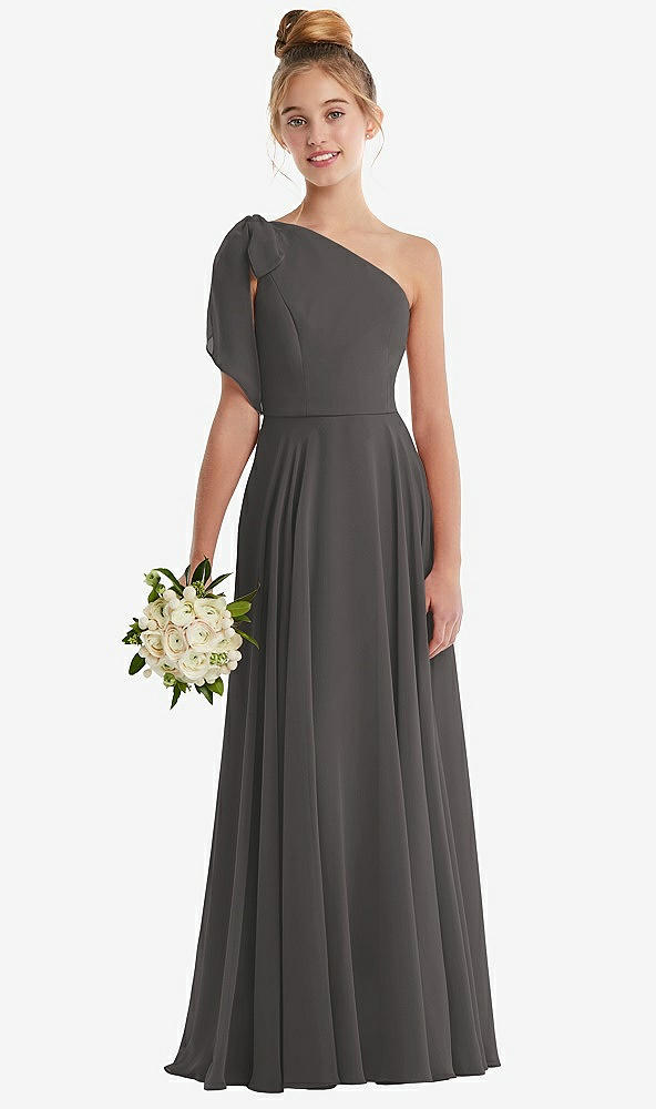 Front View - Caviar Gray One-Shoulder Scarf Bow Chiffon Junior Bridesmaid Dress