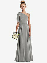 Front View Thumbnail - Chelsea Gray One-Shoulder Scarf Bow Chiffon Junior Bridesmaid Dress