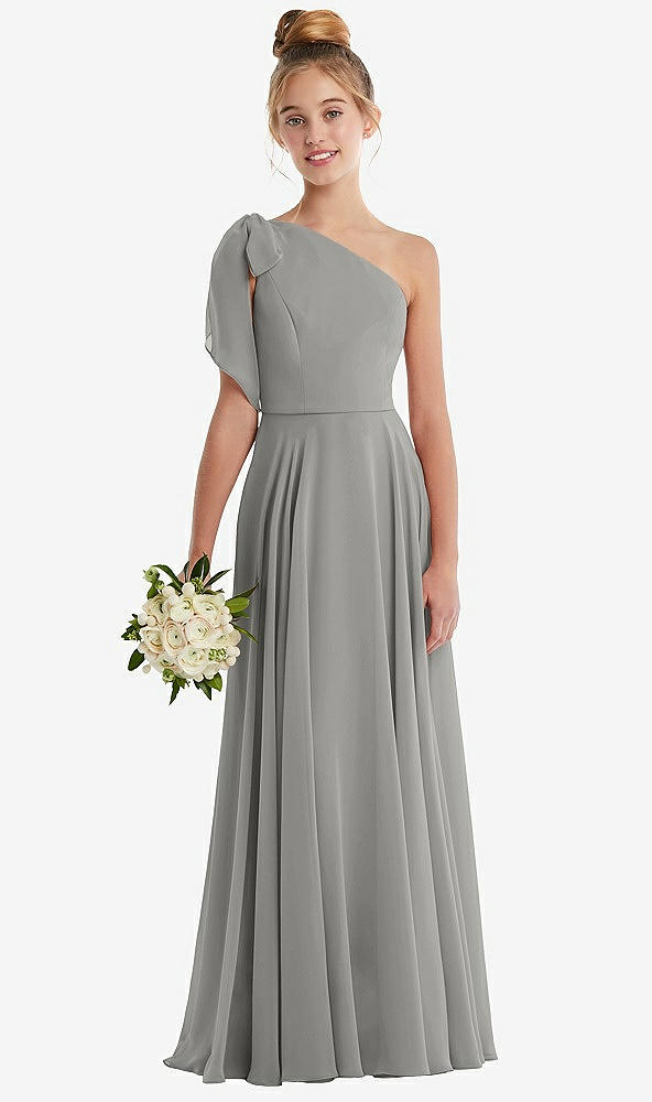 Front View - Chelsea Gray One-Shoulder Scarf Bow Chiffon Junior Bridesmaid Dress