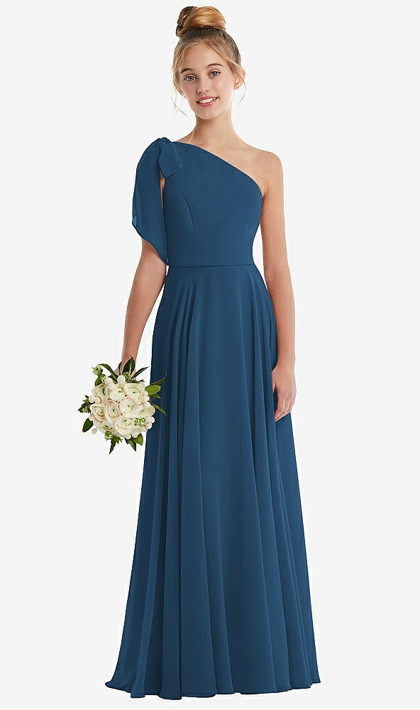Front View - Dusk Blue One-Shoulder Scarf Bow Chiffon Junior Bridesmaid Dress
