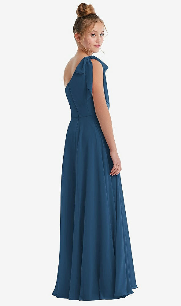 Back View - Dusk Blue One-Shoulder Scarf Bow Chiffon Junior Bridesmaid Dress