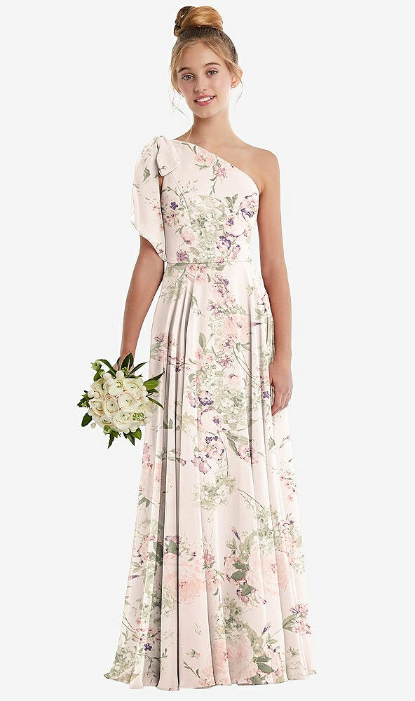Front View - Blush Garden One-Shoulder Scarf Bow Chiffon Junior Bridesmaid Dress