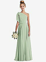 Front View Thumbnail - Celadon One-Shoulder Scarf Bow Chiffon Junior Bridesmaid Dress