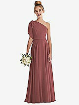 Front View Thumbnail - English Rose One-Shoulder Scarf Bow Chiffon Junior Bridesmaid Dress