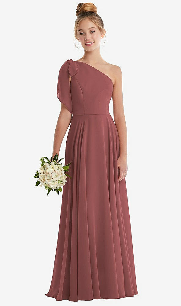 Front View - English Rose One-Shoulder Scarf Bow Chiffon Junior Bridesmaid Dress