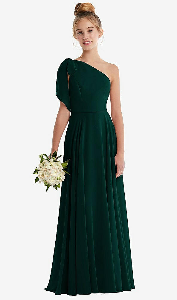 Front View - Evergreen One-Shoulder Scarf Bow Chiffon Junior Bridesmaid Dress