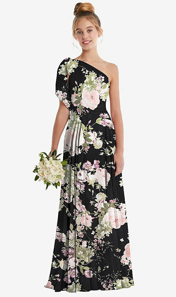Front View - Noir Garden One-Shoulder Scarf Bow Chiffon Junior Bridesmaid Dress