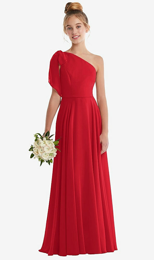 Front View - Parisian Red One-Shoulder Scarf Bow Chiffon Junior Bridesmaid Dress