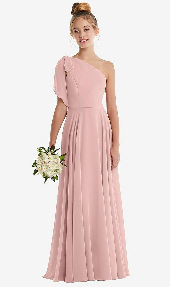 Front View - Rose - PANTONE Rose Quartz One-Shoulder Scarf Bow Chiffon Junior Bridesmaid Dress