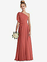 Front View Thumbnail - Coral Pink One-Shoulder Scarf Bow Chiffon Junior Bridesmaid Dress