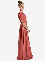 Side View Thumbnail - Coral Pink One-Shoulder Scarf Bow Chiffon Junior Bridesmaid Dress