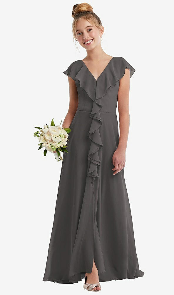 Front View - Caviar Gray Cascading Ruffle Full Skirt Chiffon Junior Bridesmaid Dress
