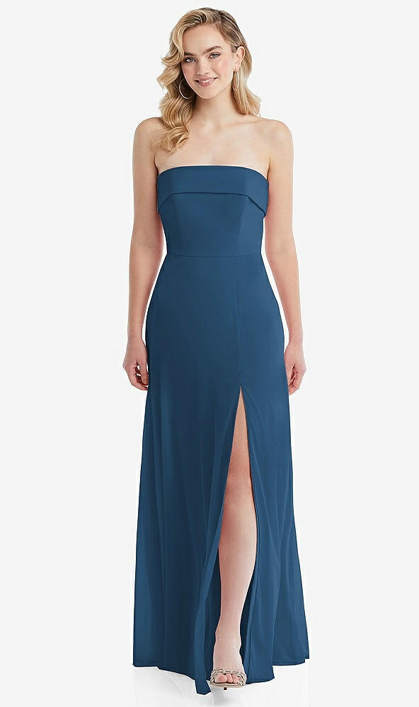 Front View - Dusk Blue Cuffed Strapless Maxi Dress with Front Slit