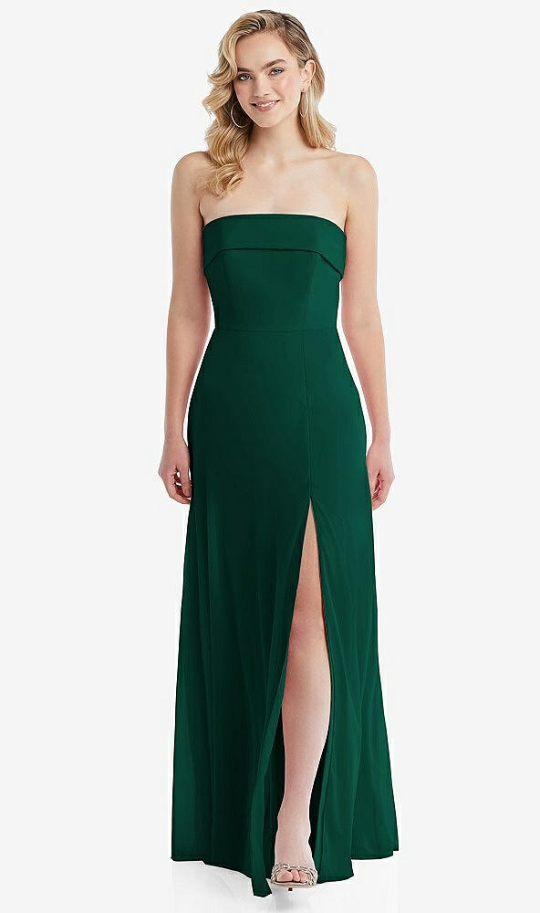 Front View - Hunter Green Cuffed Strapless Maxi Dress with Front Slit