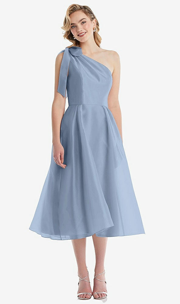 Front View - Cloudy Scarf-Tie One-Shoulder Organdy Midi Dress 