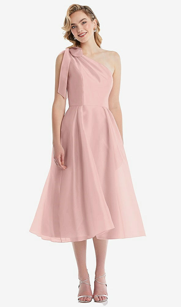 Front View - Rose - PANTONE Rose Quartz Scarf-Tie One-Shoulder Organdy Midi Dress 