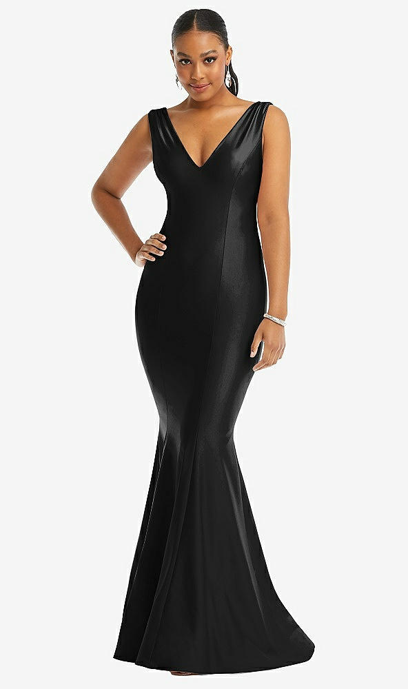 Front View - Black Shirred Shoulder Stretch Satin Mermaid Dress with Slight Train