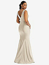 Rear View Thumbnail - Champagne Shirred Shoulder Stretch Satin Mermaid Dress with Slight Train