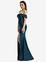 Side View Thumbnail - Atlantic Blue Off-the-Shoulder Corset Stretch Satin Mermaid Dress with Slight Train