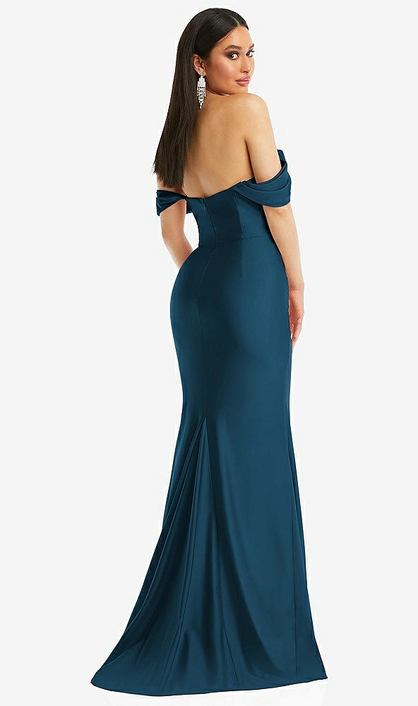 Back View - Atlantic Blue Off-the-Shoulder Corset Stretch Satin Mermaid Dress with Slight Train