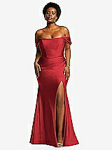 Alt View 1 Thumbnail - Poppy Red Off-the-Shoulder Corset Stretch Satin Mermaid Dress with Slight Train